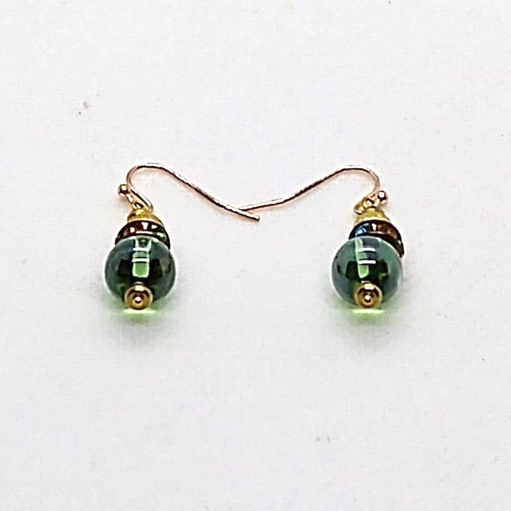 Handmade Green dangle earrings Gold tone hypoallergenic fishhook earwires